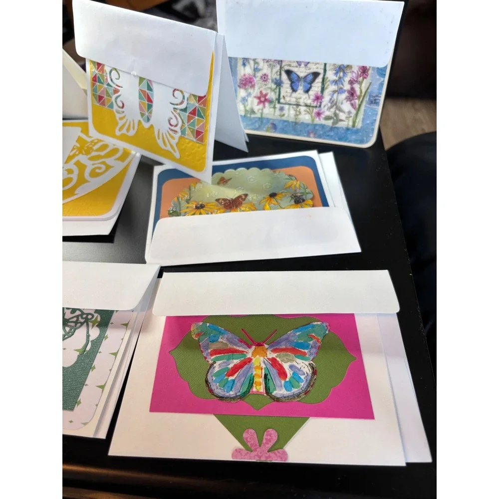 10 Handmade Butterfly Greeting Card Set Embossed Gold Foil Dragonfly Mixed Media